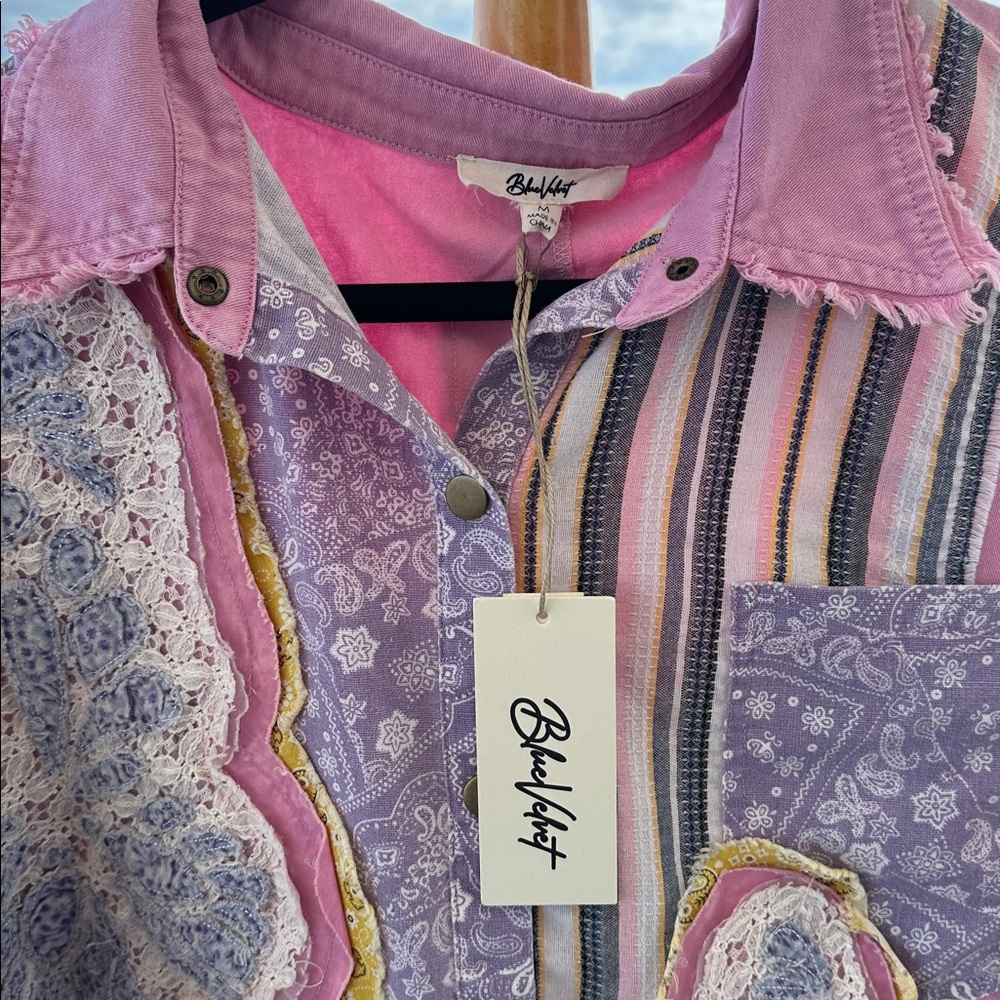 BLUE VELVET NWT Pink and Purple crochet Butterfly Patchwork Shirt - Picture 4 of 12